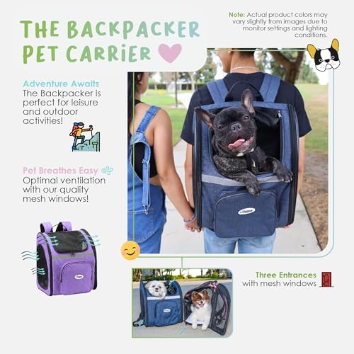 Petique The Backpacker Pet Carrier - Denim: for Small Dogs/Cats/Pets, Storage Pocket, Luggage Handle Slit, Leash Inside, Adjustable Straps, Reversible Mat, 3 Entryways, Folds Flat, Reflective Strip