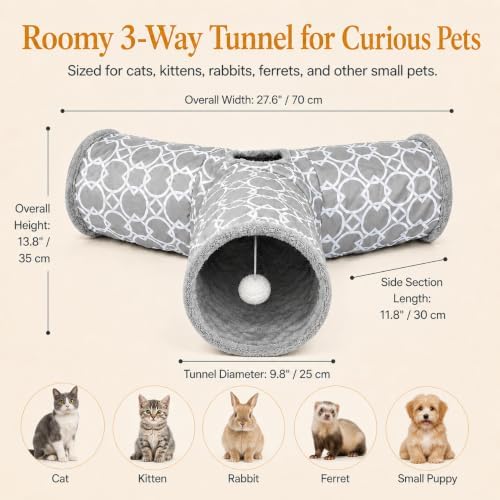 Geometric 3 Way Cat Tunnel with Plush Inside,Cats Toys Collapsible Tunnel Tube with Balls, for Rabbits, Kittens, Ferrets,Puppy and Dogs