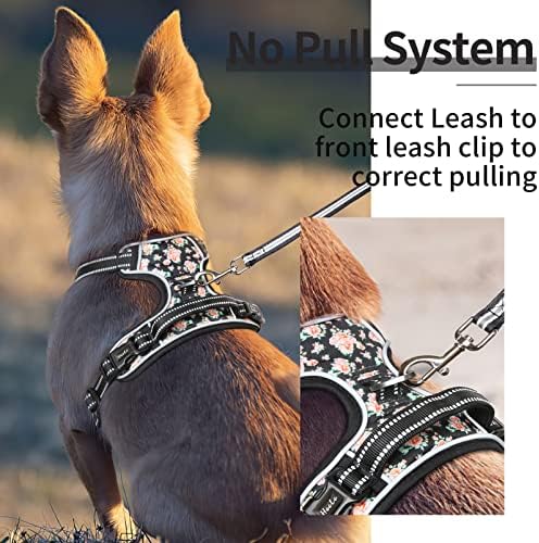 HEELE Dog Harness, No Pull Adjustable Padded Reflective Harness for Small Medium Large Dogs with Handle for Walking Training, Flower-Black, L
