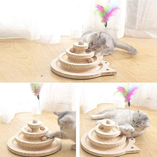 Wooden Cat Toy, 3-Layer Cat Turntable with Cat Toy Feather Stick (10IN)