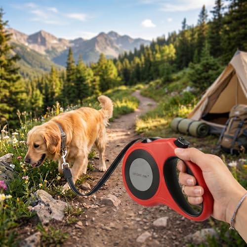 XL 16FT Retractable Dog Leash for Large Dog up to 120 lbs, Chew Proof Steel Wire Extender, One-Hand Brake & Lock, Tangle-Free Heavy Duty Walking Leash XL RED