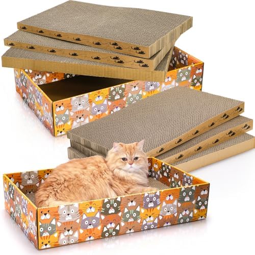 Pumtus Set of 2 Cat Scratching Boxes, 17x10 in 6 Pcs Corrugated Cardboard Pad with 2 Boxes, Large Cute Reversible Kitty Sofa Bed, Refillable Wave Shaped Lounge, Interactive Kitten Toy for Indoor Cat