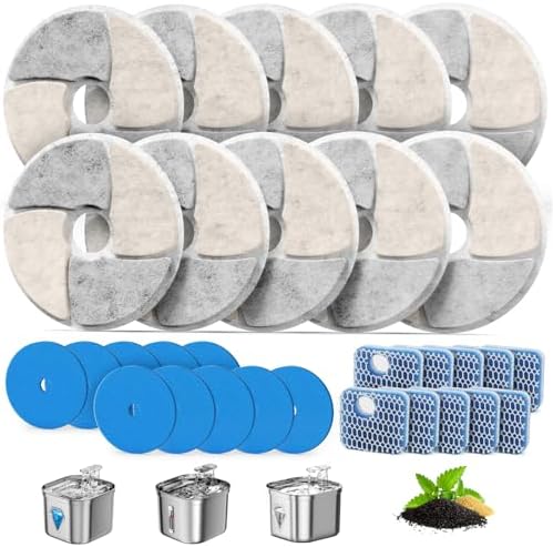Cat Pet Water Fountain Filters, 10 Pack Replacement Filters Fit for Square 2.2L/73oz Automatic Pet Fountain, Diameter 4.1 Inch Filter with Triple Filtration System (10+10+10)