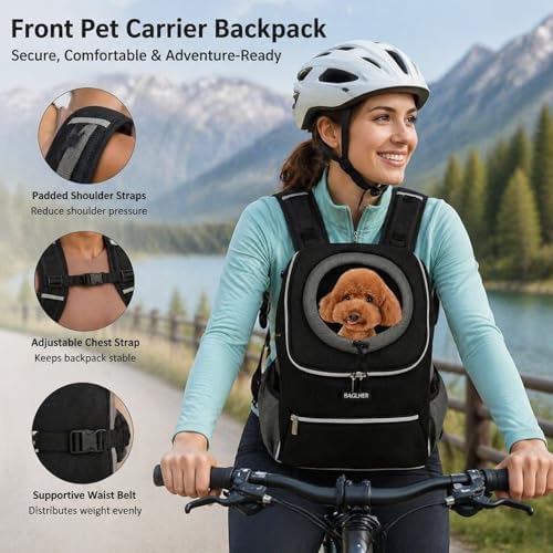 BAGLHER Dog Carrier Backpack for Small Dogs - Front Breathable Pet Backpack with Safety Buckle, Adjustable Hands-Free Design for Hiking, Cycling, Camping & Outdoor Use - Black, Size Large 10-14 lbs