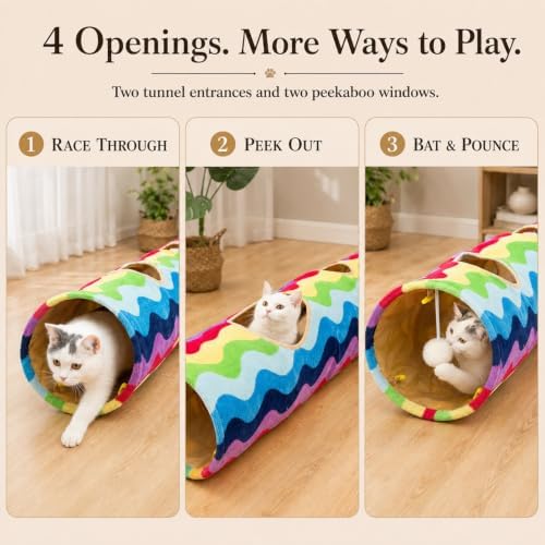 Cat Tunnel -Straight-Shaped, Rainbow Wave Color, Soft Velvet Exterior, Oxford Fabric Fog-Proof Interior, Plush Toy Ball, Easily Washable, Conveniently Foldable, 47.2in/120cm