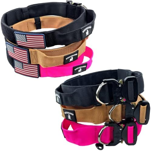 Tactical Dog Collar with Handle - 1.5 Inch Thick Heavy Duty Nylon, Military Style Metal Quick Release Buckle & Integrated D-Ring, for Medium & Large Dogs – Includes USA Flag On Customizable Name Plate