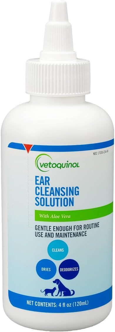 Vetoquinol Ear Cleansing Solution - Gentle Cleaner to Remove Dirt & Debris - Easy-to-Use Drops for Cats & Dogs - Support Clean and Fresh-Smelling Ears - Ideal for Routine Pet Hygiene - 4 Ounces