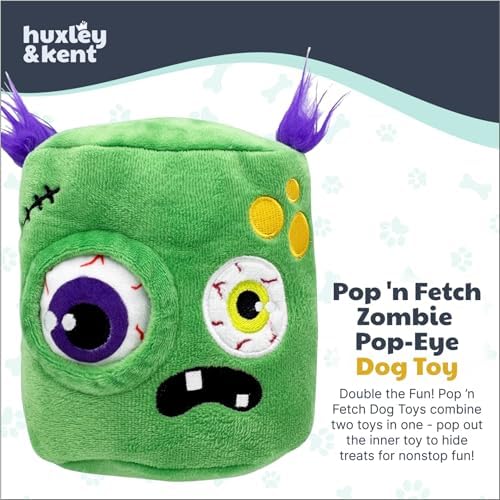 Huxley & Kent Interactive Halloween Funny Dog Toy w/Squeaker – Power Plush Puzzle Dog Toys for Small, Medium & Large Dogs – Treat Hiding Play Time - Pop 'n Fetch Zombie Pop-Eye