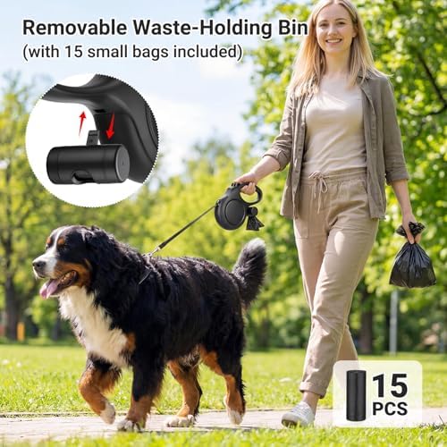 Segarty 26 Ft Walking Lead with Poop Bag Holder for Dogs 66 lbs - 110 lbs, 360°Tangle-Free Leash with Anti-Slip Handle & One-Handed Brake Pause Lock, 8m Retractable Leash for Dog Pets Outside Activity