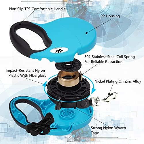 13 ft Retractable Dog Leash for Large Dogs up to 26 lbs,Tangle-Free Nylon Tape,Blue Dan S