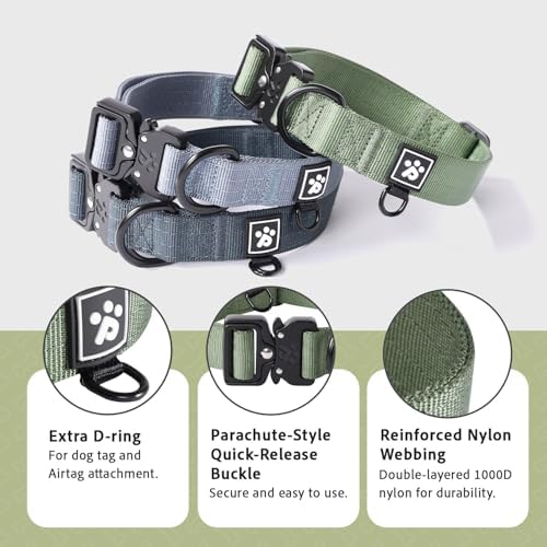 PawsPassion Dog Collars for X-Large Dogs, Heavy Duty Tactical Dog Collar with Metal Buckle, Durable Pet Collar Quick Release, Reinforced Nylon No Pull Dog Collar (Evergreen, XL)