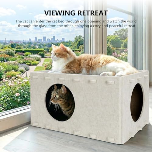 Cat House for Indoor Cats, Scratch Resistance Cat Cave Bed, Felt Peekaboo Cat Hideaway for Large & Multiple Cats Up to 22Lbs, Cream