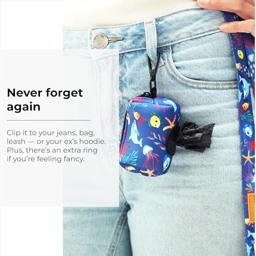 KIKI & RIKI Premium Dog Poop Bag Holder, Waste Bag Dispenser with Leash Clip, Artist-Designed Print (Designed in Georgia), Includes 1 Starter Roll of Bags, Fits Standard Rolls, Blue (Ocean Tale)