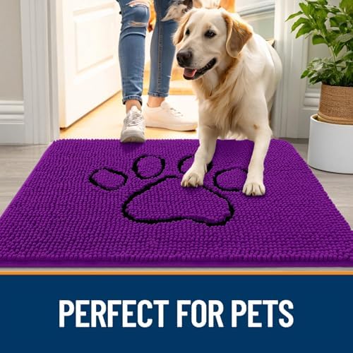 OLANLY Dog Door Mat for Muddy Paws 48x30, Paw Print Design Chenille Mud Mat