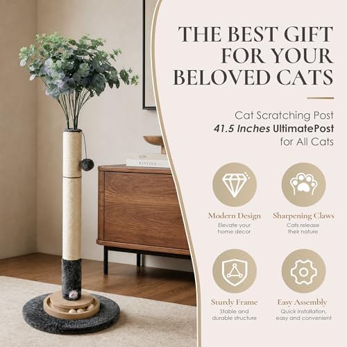47" Cat Scratching Post, Nature Sisal Rope Cat Scratcher Tree, Durable Scratcher Post with Hanging Ball, Mouse Hole & Ball Track, 3-Layer Stable Wood Base for Large Cats & Adult Cats