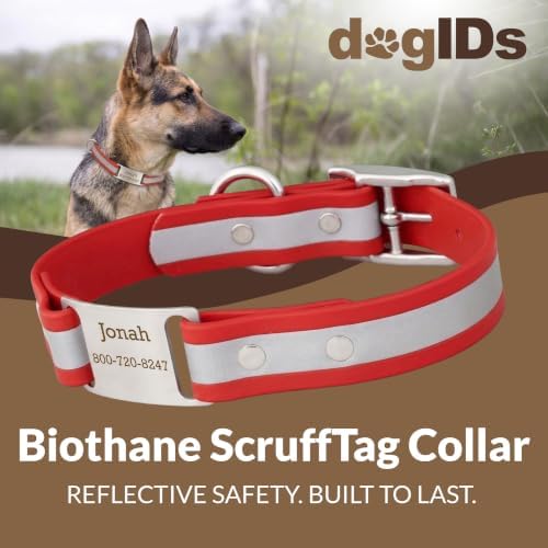 dogIDs Personalized Reflective Waterproof ScruffTag Dog Collar - Custom, Soft Grip, Safe Adjustable, Odor Resistant - Red, 1 in x 18 in (Fits Neck Sizes: 16-20 in)
