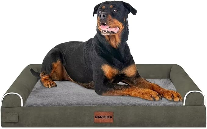 NANUYA Orthopedic Dog Bed for XX-Large Dogs, 44 x 34 Inch, Dark Green | Egg crate foam for joint support, 3-sided bolster pet sofa, waterproof lining, washable cover, and non-skid base