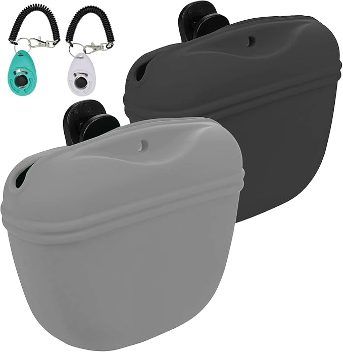 Dog Treat Pouch 2 Pack, Dog Treat Training Pouch, Silicone Pet Treat Bag BPA Free/Clip/Magnetic Dog Walk (Grey & Black & Clickers)
