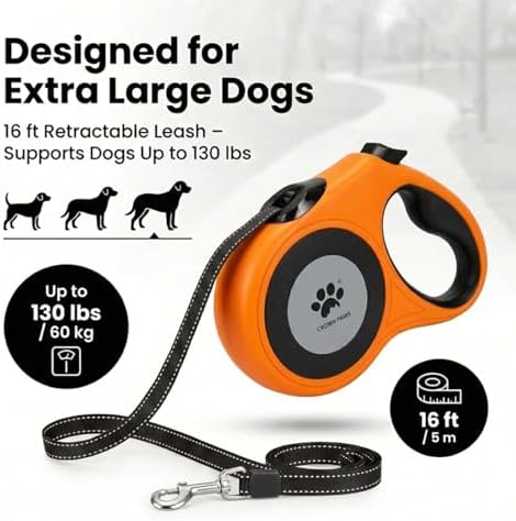 16 ft Retractable Dog Leash for Extra Large Dogs up to 130 lbs,Tangle-Free Nylon Tape,Orange Dan24 XL