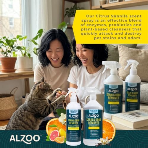 ALZOO Pet Stain & Odor Remover Spray for Dog & Cat Urine, Carpet, Furniture & Floors | Active Enzyme & Probiotic Formula | Citrus Vanilla Scent | Made in USA | 32 oz