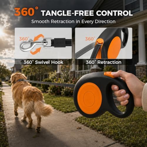 Sevy Stretch 26FT Retractable Dog Leash for Large Dogs up to 100lbs, Heavy Duty Long Dog Retractable Leash with 360° Tangle-Free, Reflective Nylon Tape, One-Hand Brake, Pause, Lock, Oversized Handle