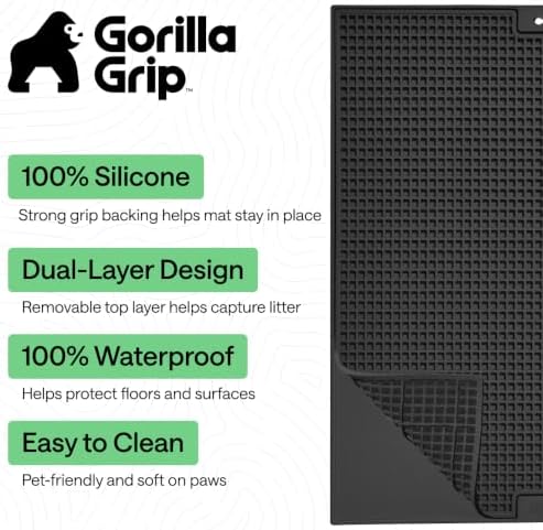GORILLA GRIP Cat Litter Box Mat, Dual Layer Silicone Tray, 35x23, Black