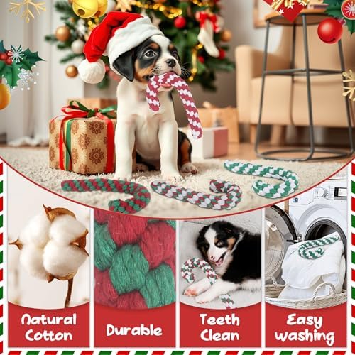 Christmas Dog Rope Toys, Christmas Cane Candy Rope Toy, 4 Packs Dog Interactive Chewing Toys for Puppy Small Medium Dogs Training Playing Teething Cleaning, for Dogs