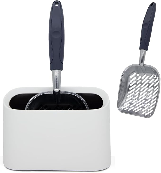 Heavy-Duty Metal Cat Litter Scoop with Holder, Aluminum Cats Litter Scooper Captures All Clumps, Kitty Metal Scooper and Holder (White) | Heavy-Duty Metal Cat Litter Scoop with Holder