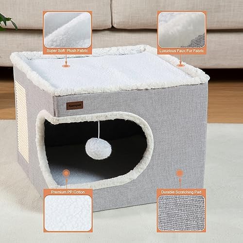 Garnpet Cat Bed for Indoor Cats Cube House, Covered Cat Cave Beds & Furniture with Scratch Pad and Hideaway Tent, Cute Modern Cat Condo for Multi Small Pet Large Kitten Kitty, Large, Dark Grey