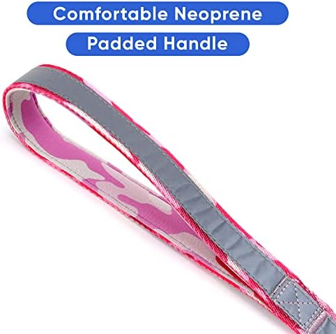 Pawtitas Camo Pink Dog Leash 6 ft Custom ID Lead for Dogs & Puppies Reflective Comfortable Padded Handle Embroidered Name & Phone Number