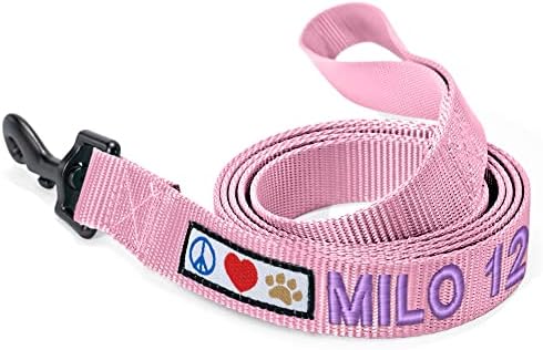 Pawtitas Personalized 6 ft Millennial Pink Dog Leash XXS/Cat Custom Name and Phone Embroidery Strong Nylon Leash for Small Breeds