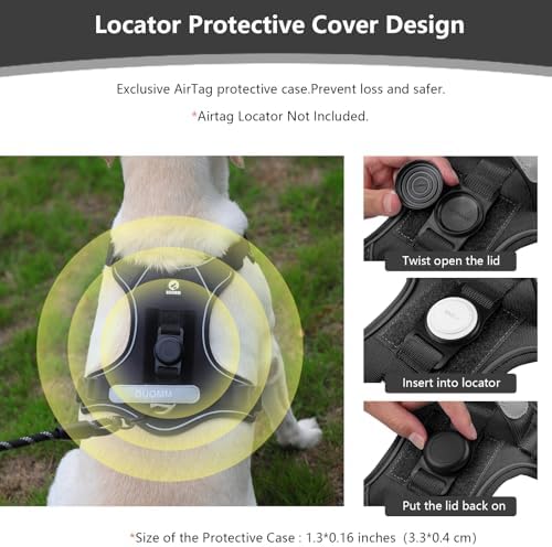 Upgraded Dog Harness with AirTag Holder, Escape Proof Adjustable Vest for Puppy Outdoor Walking, Soft Breathable Jacket with Reflective Strips for Dark Night (Black, M)