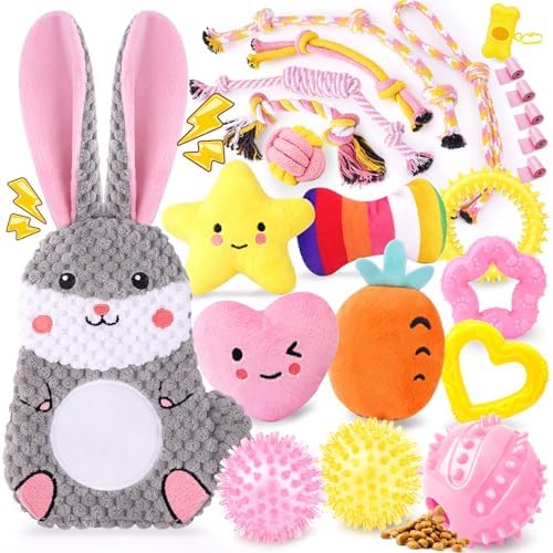 Zeaxuie 23 Pack Pink Puppy Toys for Teething, Small Dog Toys with Cute Puppy Chew Toys, Squeaky Dog Toys, Treat Ball and Interactive Rope Toys