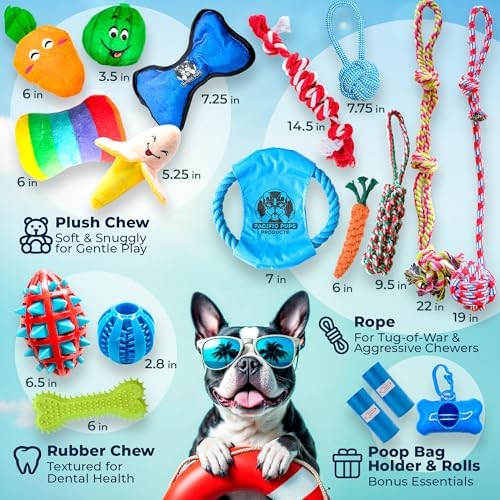 Pacific Pups Products Dog Chew Toys, Dog Toys Bulk, 18 Pack, Small/Medium