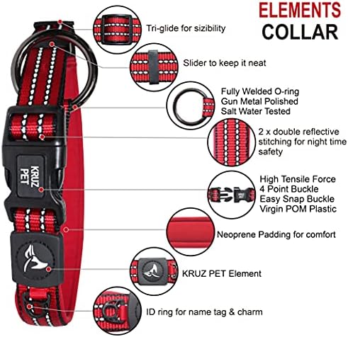 Kruz Dog Collar for Large Dogs (Width- 1", Length - 25"-27.5") Reflective Adjustable Pet Neck Band with Comfortable Neoprene Padding, Heavy-Duty O-Ring, 100% Nylon Strap (Blue, X-Large)