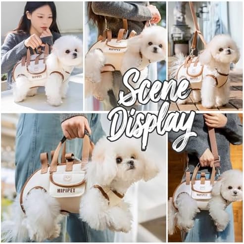 PETCUTE 4-in-1 Dog Carrier Sling,Adjustable Puppy Carriers with Storage Pocket, Hand-Free Dog Sling Carrier for Carry Small Dogs and Cats,Legs Out Pet Travel Safety Harness,Beige+Brown,XL