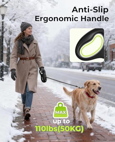 Pecute Retractable Dog Leash with Flashlight, 26ft Heavy Duty Retractable Pet Leash with Light, One-Button Control, Anti-Twist Protection, Reflective Leashes for Medium Large Pets Dogs Up to 110 lbs