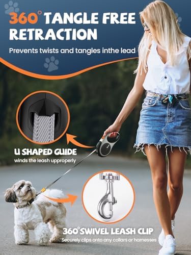 Retractable Dog Leash with LED Flashlight, Douexio Upgrade 3 in 1 Dog Leash Retractable for Small Medium Dogs Up to 66 lbs, 16ft, Anti-Slip Handle (Black-White)