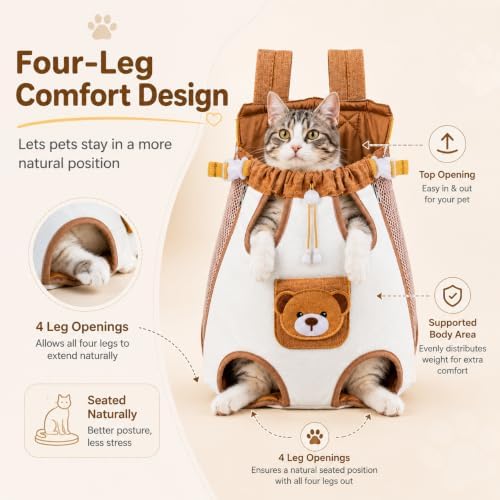 Cute Cat Carrier Backpack, Hands Free Pet Front Carrier Bag (Brown, Small)