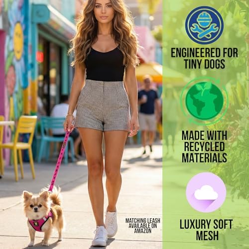 EcoBark Teacup Dog Harness -Luxury Soft Step in Harnesses for Puppy & Tiny Dogs. Reflective Mini Mesh Body Halter Vest (Fuchsia Pink, XXS)