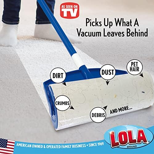 LOLA Rola PET Hair Remover Sticky Mop, Giant Floor Lint Roller, 9.5" x 3.5", Extender Handle, Largest Head, Traps Hair, Dust, Dirt, Extra Sticky Sheets