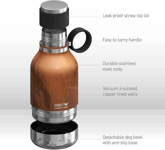 Asobu Buddy Bottle a Stainless Steel Insulated Water Bottle for with Removable Dog Water Bowl and Dog Food and Treat Storage Bowl (Wood, 37 oz Water Bottle with Bowl)