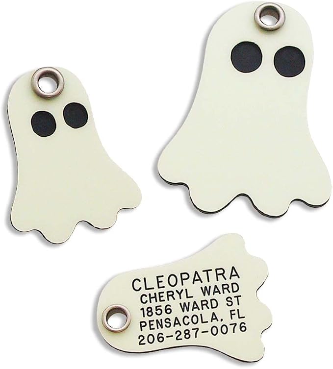LuckyPet Pet ID Tag - Ghost - Glows in The Dark - Custom Engraved Dog & cat Tags. Size: Small