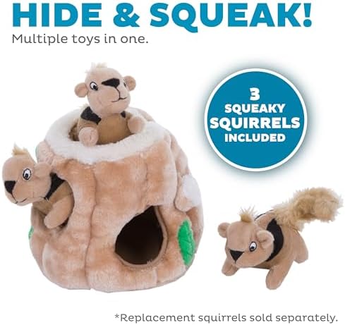 Outward Hound Hide-A-Squirrel Dog Toy – Interactive 2‑in‑1 Plush Puzzle with 3 Squeaky Removable Squirrels, Small (Pack of 12)