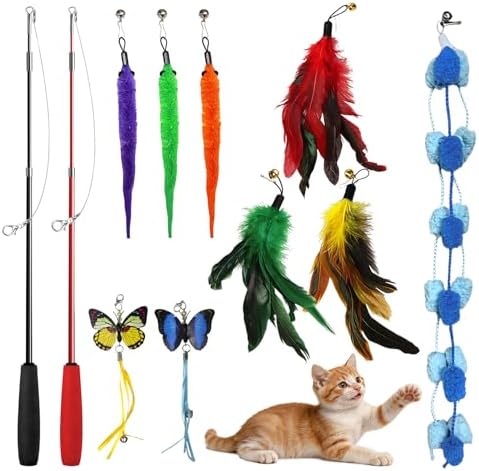 Cat Toys Interactive Feather Teaser Wand Set, 11 Pack Retractable Cat Fishing Pole Toy with Assorted Replaceable Attachments & Bells, Fun Hunting Exercise Toys