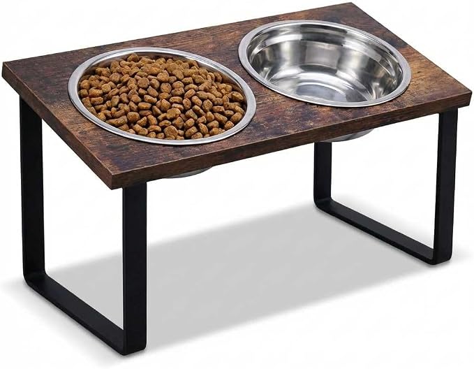 Elevated Dog Bowl Stand for Medium and Large Dogs, MDF Raised Dog Feeder with 2 Stainless Steel Bowls, Tilted Dog Food and Water Dish Set, Wooden Pet Feeding Station (Black)