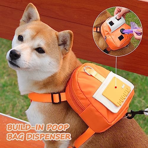 Dog Backpack Harness with Leash,Cute Pet Puppy Backpacks Bulid-in Dog Poop Bag Dispenser,Adjustable Pets Self Carrier Bag for Small Medium Dogs Travel Hiking Daily Walking(M, Orange)
