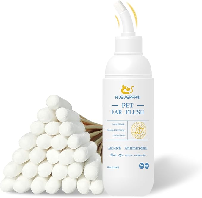Tris Flush Cat & Dog Ear Cleaner | Pet Ear Infection Treatment | Hypoallergenic pet flush with PHMB. Cleans ear canal & removes odor safely. Includes 20 cotton swabs. 4 fl oz.