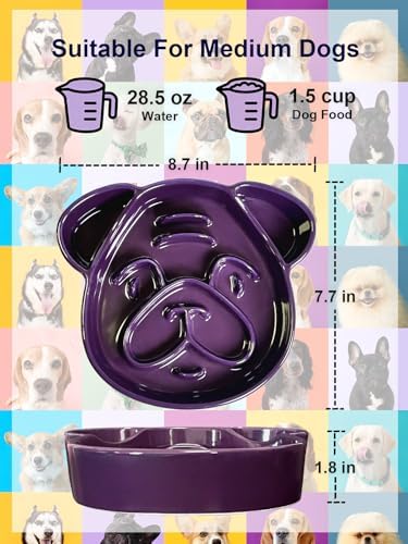Dog Shape Slow Feeder Ceramic, 8.7in 1.5 Cups Pet Food Bowl for Medium and Big Breed. Bite-Resistant, Dishwasher Safe, Cute Design to Prevent Fast Eating, Bloat, Choking. Gift for Dog Lovers