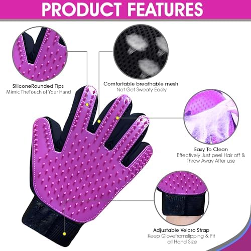 Upgrade Pet Grooming Gloves, Grooming Gloves for Dogs, Cats, Rabbits & Horses with Long and Short Hair, Efficient Pets Hair Remover Mittens - 1 Pair (Purple)